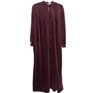 Vintage Vanity Fair Burgundy Velour Embossed Zip Housecoat Robe XL XXL 52” Long